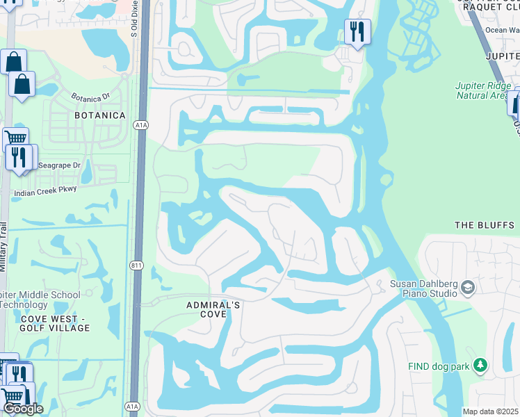 map of restaurants, bars, coffee shops, grocery stores, and more near 1402 Captains Way in Jupiter