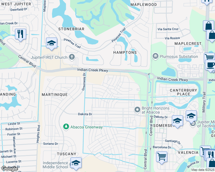 map of restaurants, bars, coffee shops, grocery stores, and more near 1343 Community Drive in Jupiter