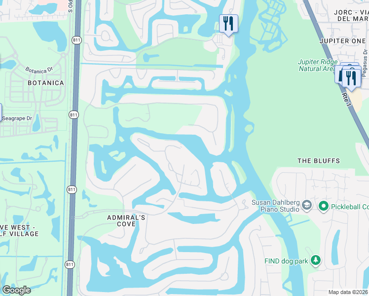 map of restaurants, bars, coffee shops, grocery stores, and more near 604 Captains Way in Jupiter