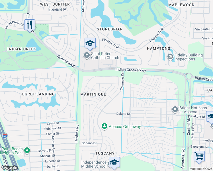 map of restaurants, bars, coffee shops, grocery stores, and more near 1711 West Community Drive in Jupiter
