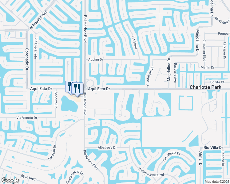 map of restaurants, bars, coffee shops, grocery stores, and more near 1531 Aqui Esta Drive in Punta Gorda