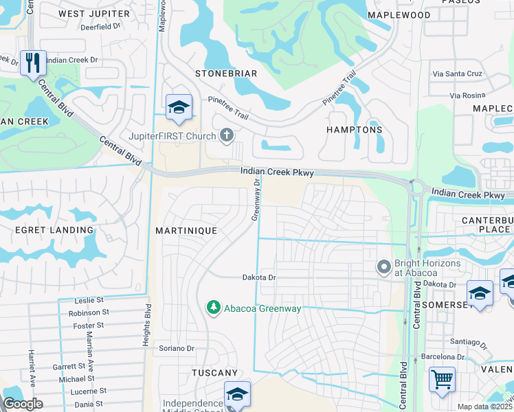 map of restaurants, bars, coffee shops, grocery stores, and more near Greenway Dr & Community Dr in Jupiter