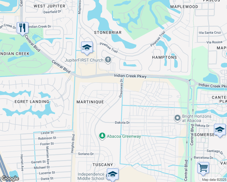 map of restaurants, bars, coffee shops, grocery stores, and more near 1156 West Community Drive in Jupiter