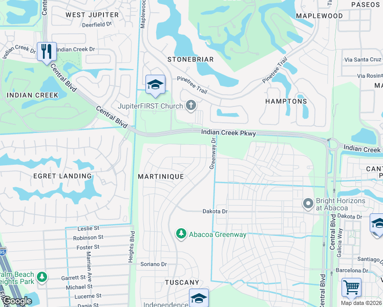 map of restaurants, bars, coffee shops, grocery stores, and more near 1711 West Community Drive in Jupiter