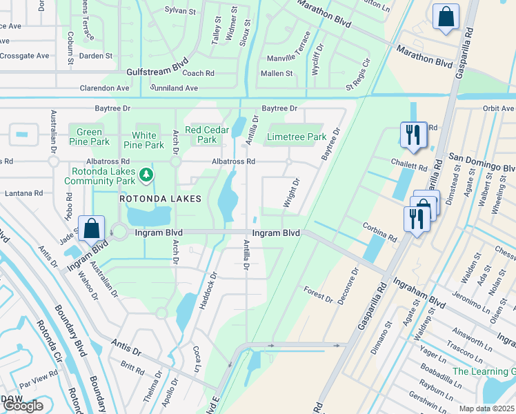 map of restaurants, bars, coffee shops, grocery stores, and more near 169 Antilla Drive in Rotonda West