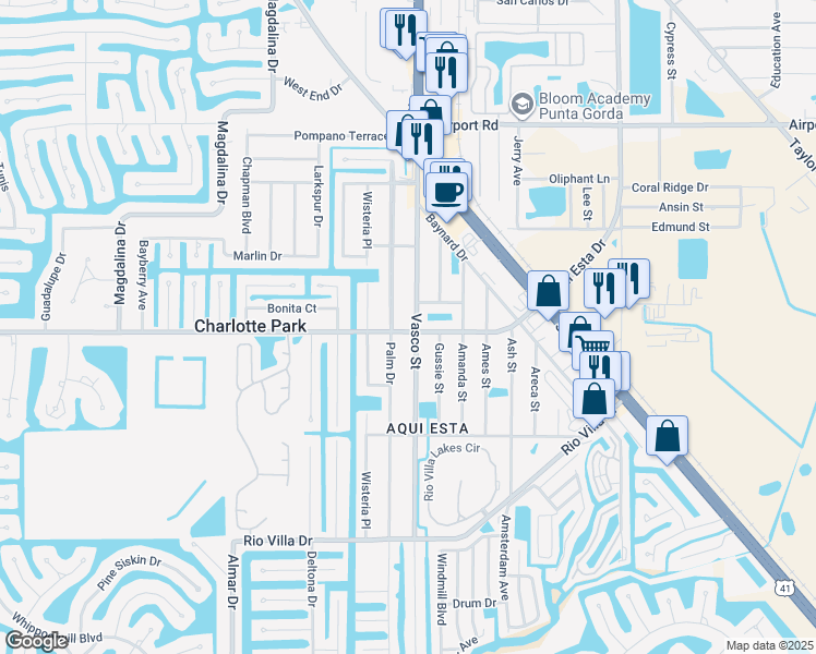 map of restaurants, bars, coffee shops, grocery stores, and more near 3121 Vasco Street in Punta Gorda