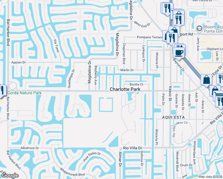 map of restaurants, bars, coffee shops, grocery stores, and more near 3128 Banyan Way in Punta Gorda