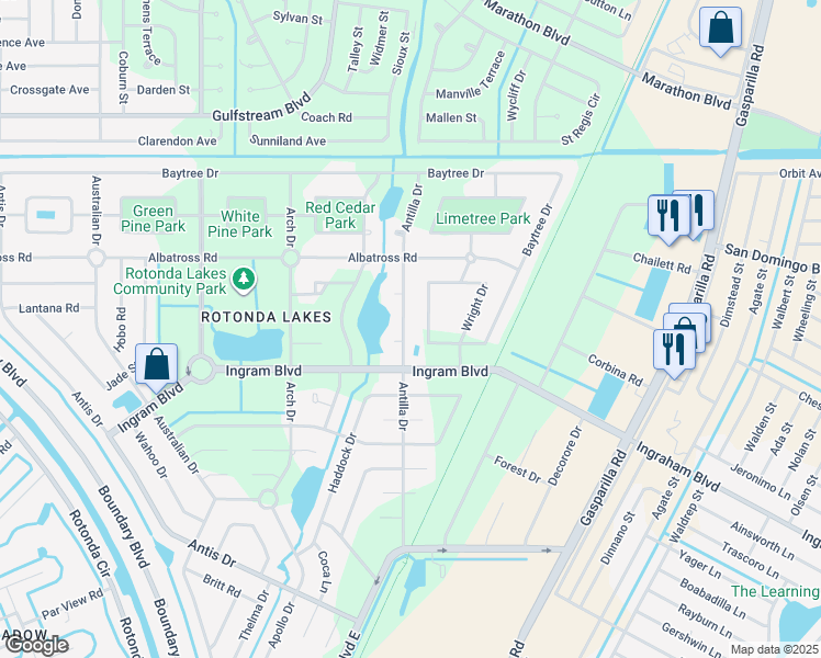 map of restaurants, bars, coffee shops, grocery stores, and more near 169 Antilla Drive in Rotonda West
