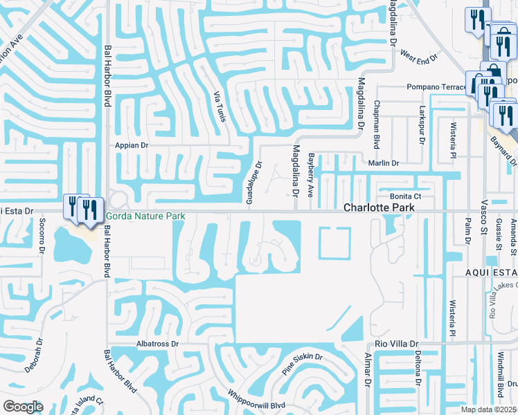 map of restaurants, bars, coffee shops, grocery stores, and more near 1348 Aqui Esta Drive in Punta Gorda