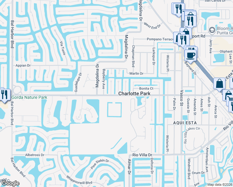 map of restaurants, bars, coffee shops, grocery stores, and more near 3129 Banyan Way in Punta Gorda