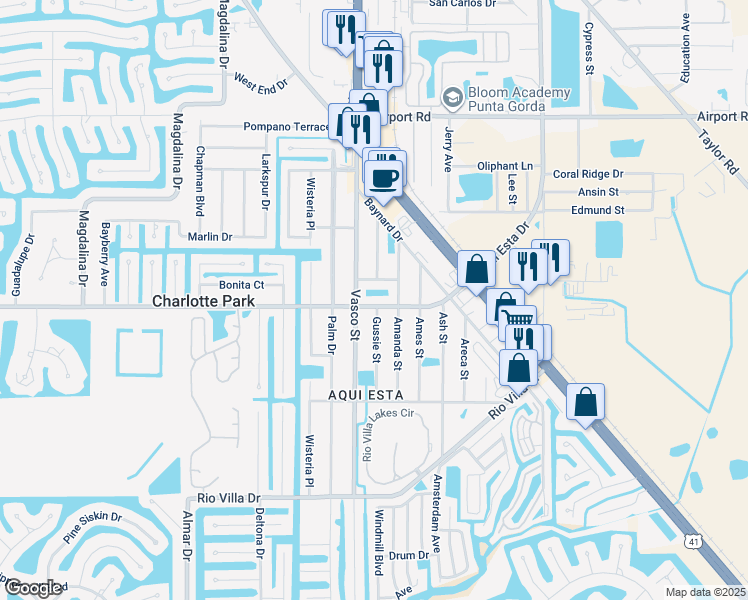 map of restaurants, bars, coffee shops, grocery stores, and more near 334 Aqui Esta Drive in Punta Gorda