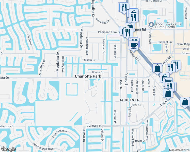 map of restaurants, bars, coffee shops, grocery stores, and more near 720 Aqui Esta Drive in Punta Gorda