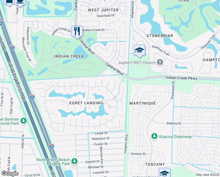 map of restaurants, bars, coffee shops, grocery stores, and more near 1028 Egret Circle North in Jupiter
