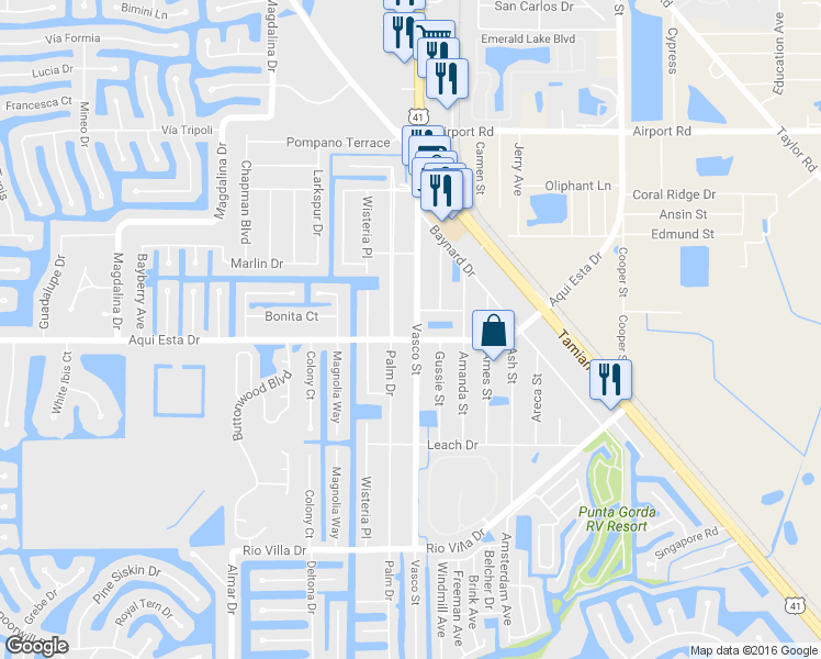 map of restaurants, bars, coffee shops, grocery stores, and more near 334 Aqui Esta Drive in Punta Gorda