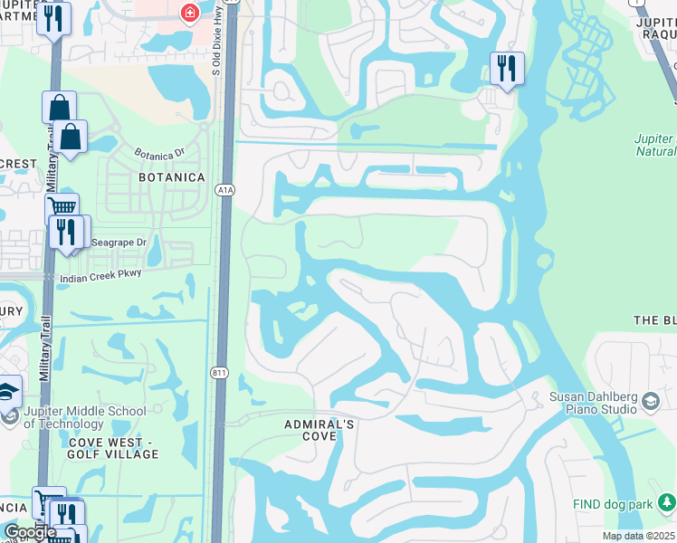 map of restaurants, bars, coffee shops, grocery stores, and more near 2601 Captains Way in Jupiter