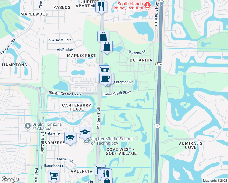 map of restaurants, bars, coffee shops, grocery stores, and more near 201 Indian Creek Parkway in Jupiter