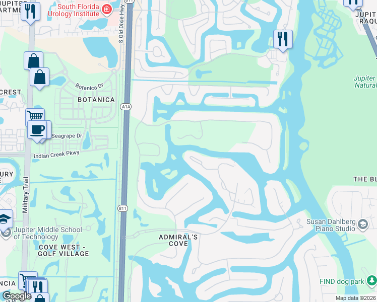 map of restaurants, bars, coffee shops, grocery stores, and more near 2601 Captains Way in Jupiter