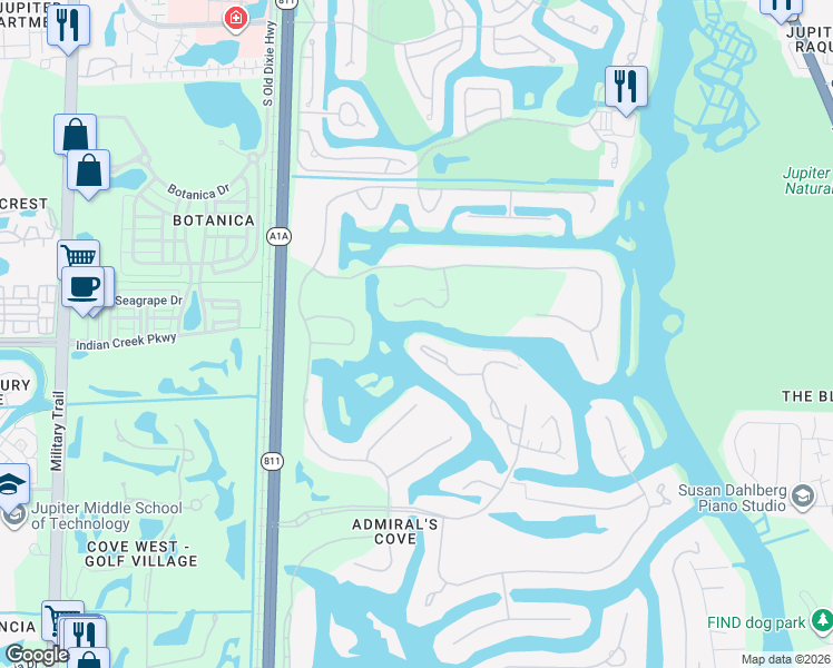 map of restaurants, bars, coffee shops, grocery stores, and more near 2601 Captains Way in Jupiter