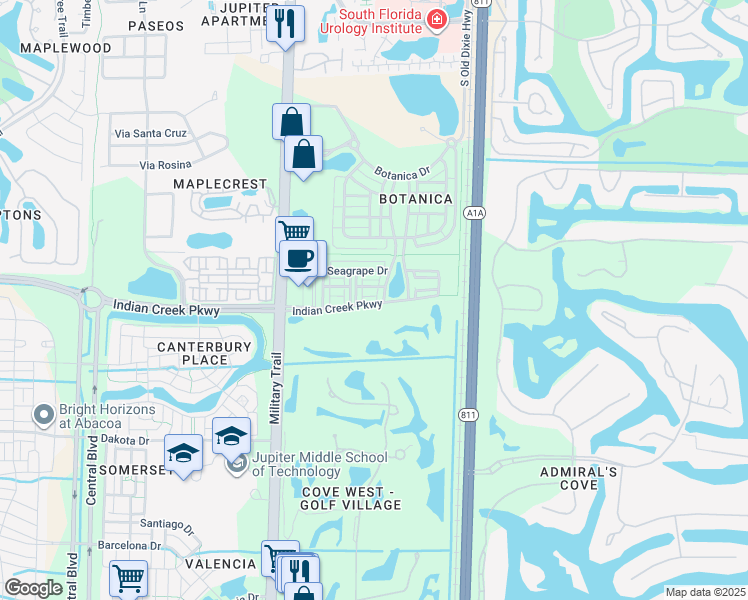 map of restaurants, bars, coffee shops, grocery stores, and more near 265 Indian Creek Parkway in Jupiter