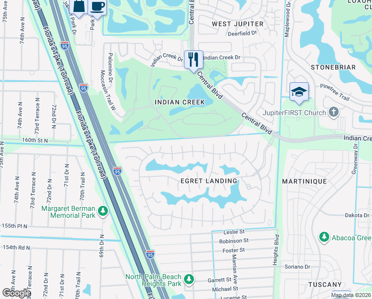 map of restaurants, bars, coffee shops, grocery stores, and more near 282 Flamingo Point North in Jupiter