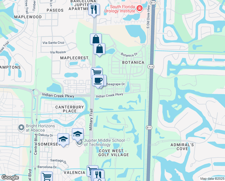 map of restaurants, bars, coffee shops, grocery stores, and more near 104 West Pigeon Plum Drive in Jupiter