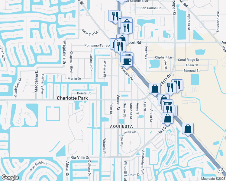 map of restaurants, bars, coffee shops, grocery stores, and more near 3010 Palm Drive in Punta Gorda