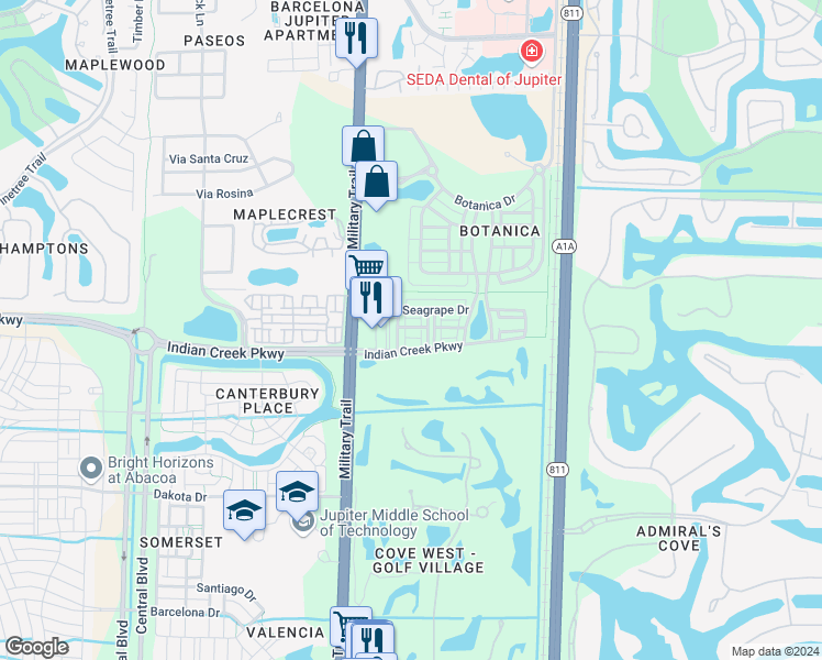 map of restaurants, bars, coffee shops, grocery stores, and more near 108 West Pigeon Plum Drive in Jupiter
