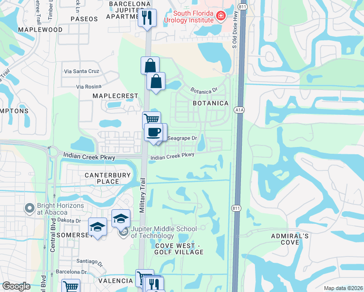 map of restaurants, bars, coffee shops, grocery stores, and more near East Royal Palm Drive in Jupiter