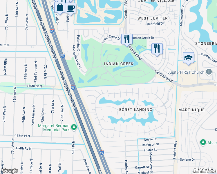 map of restaurants, bars, coffee shops, grocery stores, and more near 316 Hummingbird Point in Jupiter
