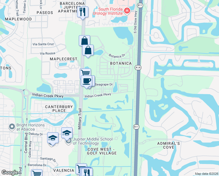 map of restaurants, bars, coffee shops, grocery stores, and more near 105 East Pigeon Plum Drive in Jupiter