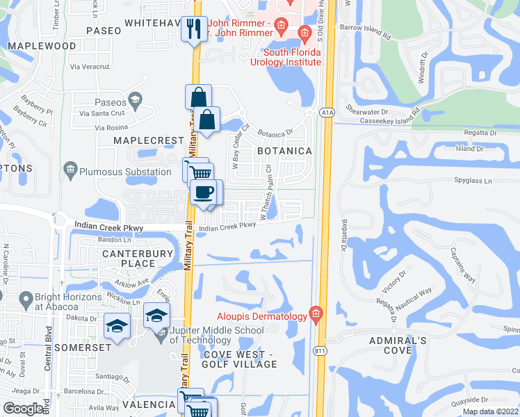 map of restaurants, bars, coffee shops, grocery stores, and more near in Jupiter