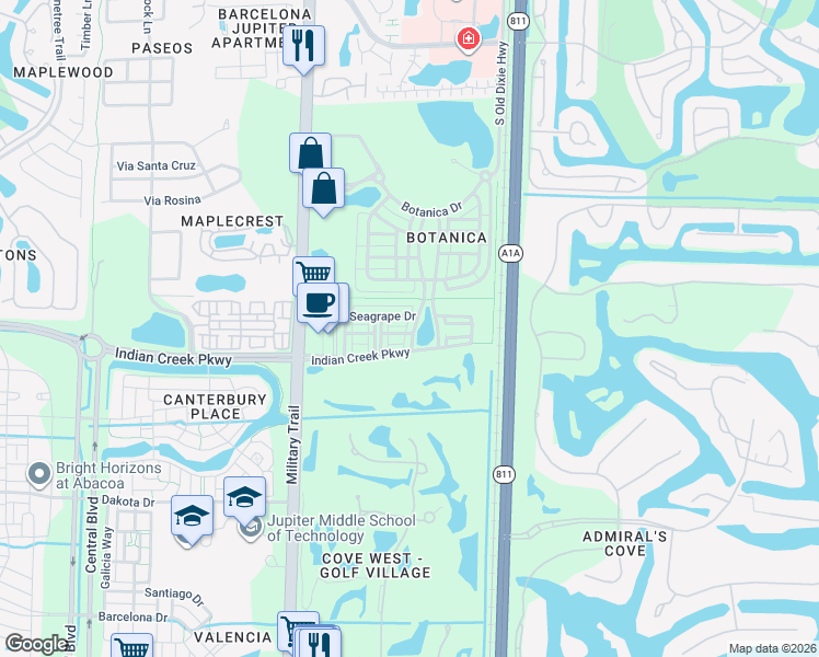 map of restaurants, bars, coffee shops, grocery stores, and more near in Jupiter