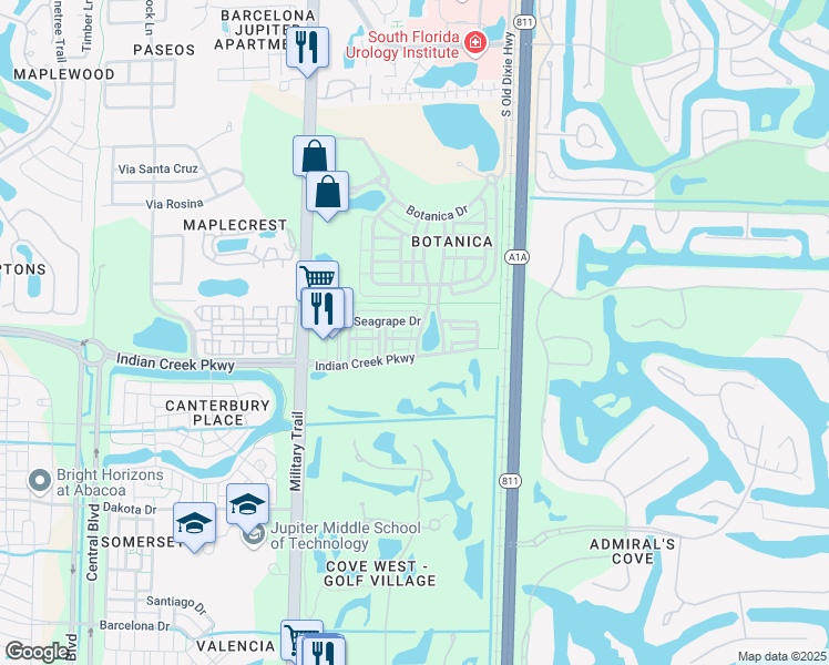 map of restaurants, bars, coffee shops, grocery stores, and more near 334 West Thatch Palm Circle in Jupiter
