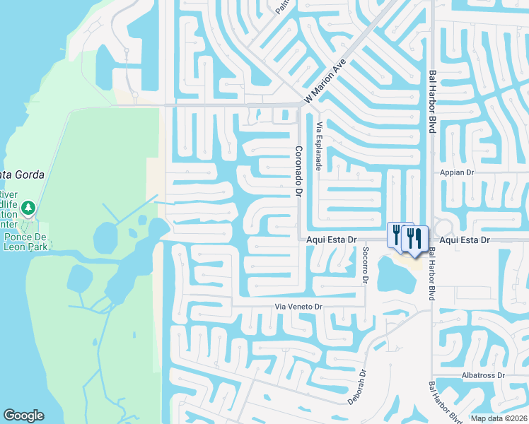 map of restaurants, bars, coffee shops, grocery stores, and more near 2622 Parisian Court in Punta Gorda