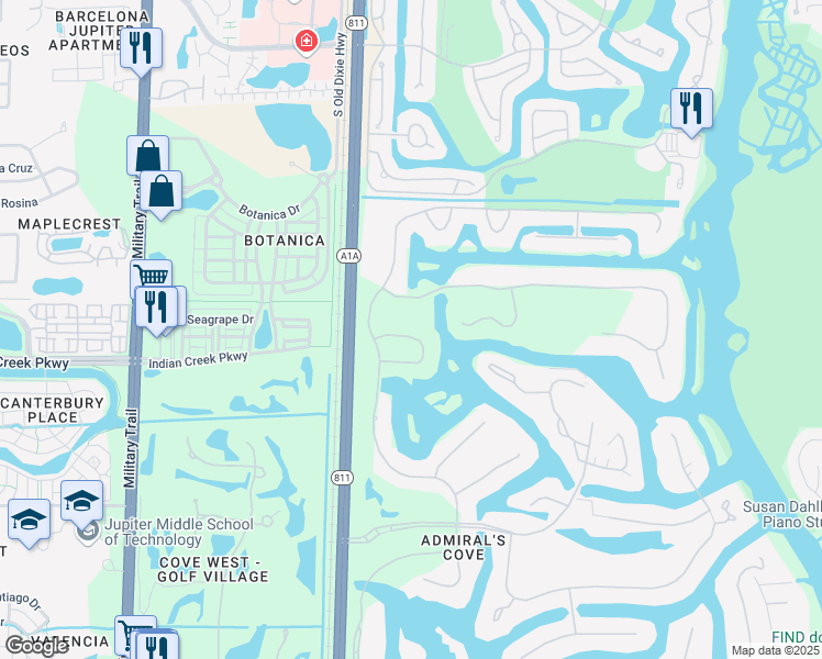 map of restaurants, bars, coffee shops, grocery stores, and more near 108 Waters Edge Drive in Jupiter