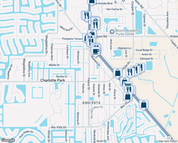 map of restaurants, bars, coffee shops, grocery stores, and more near 3002 Vasco Street in Punta Gorda
