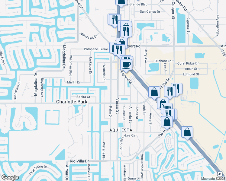 map of restaurants, bars, coffee shops, grocery stores, and more near 3010 Palm Drive in Punta Gorda