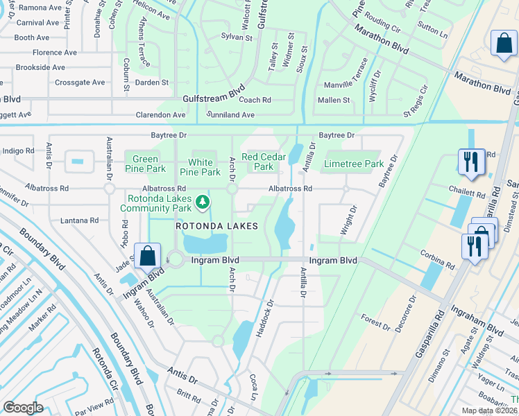 map of restaurants, bars, coffee shops, grocery stores, and more near 119 Cable Drive in Rotonda West