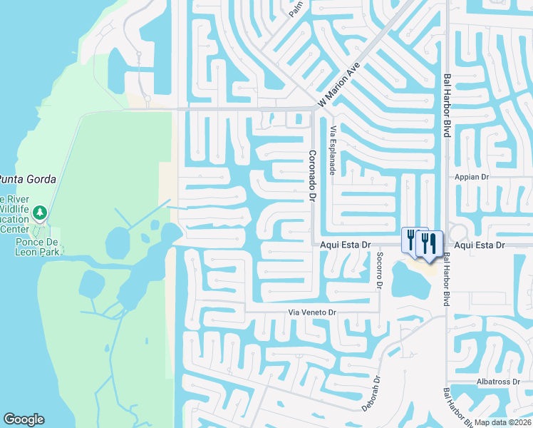 map of restaurants, bars, coffee shops, grocery stores, and more near 2622 Parisian Court in Punta Gorda