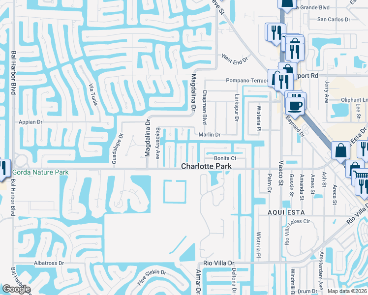 map of restaurants, bars, coffee shops, grocery stores, and more near 3004 Banyan Way in Punta Gorda