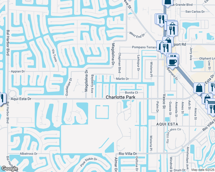 map of restaurants, bars, coffee shops, grocery stores, and more near 3004 Banyan Way in Punta Gorda