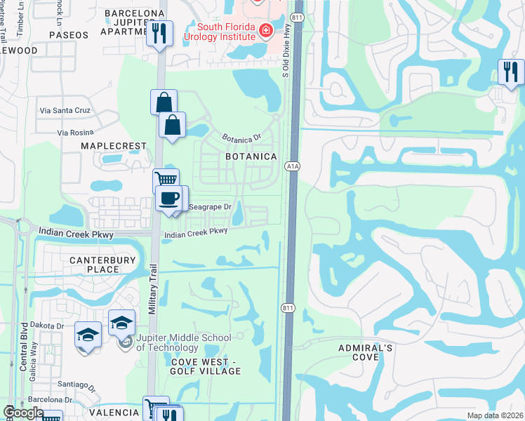 map of restaurants, bars, coffee shops, grocery stores, and more near 102 Sea Plum Drive in Jupiter