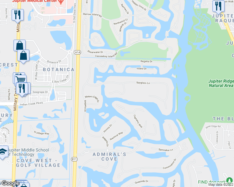 map of restaurants, bars, coffee shops, grocery stores, and more near 312 Spyglass Way in Jupiter