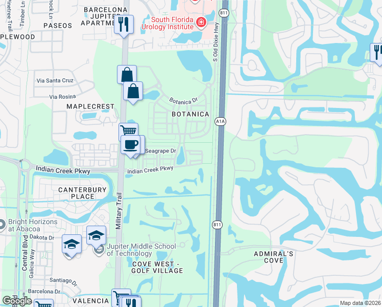 map of restaurants, bars, coffee shops, grocery stores, and more near 335 East Thatch Palm Circle in Jupiter
