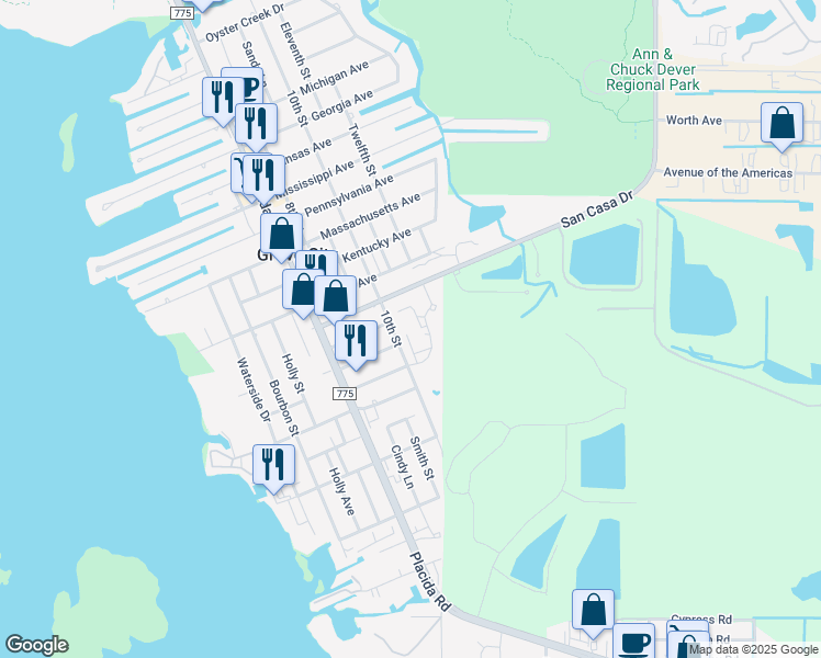 map of restaurants, bars, coffee shops, grocery stores, and more near 7374 San Casa Drive in Englewood