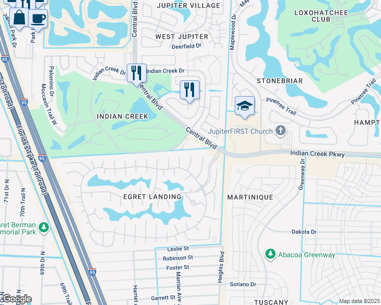 map of restaurants, bars, coffee shops, grocery stores, and more near 231 Blackbird Lane in Jupiter