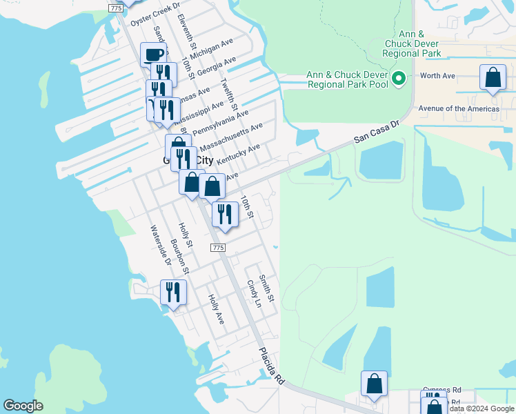 map of restaurants, bars, coffee shops, grocery stores, and more near 7374 San Casa Drive in Englewood