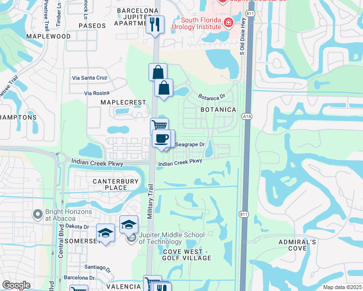 map of restaurants, bars, coffee shops, grocery stores, and more near 103 Seagrape Drive in Jupiter