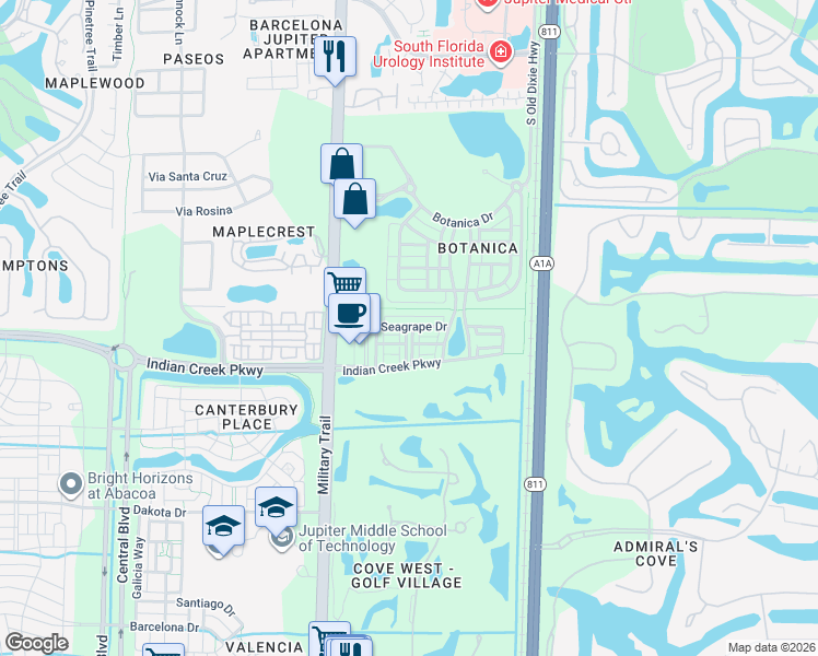 map of restaurants, bars, coffee shops, grocery stores, and more near 131 Seagrape Drive in Jupiter