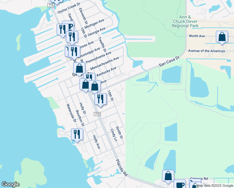 map of restaurants, bars, coffee shops, grocery stores, and more near 7374 San Casa Drive in Englewood